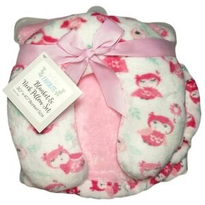 Le Bebe Favorites Pink OWL 2pc‎ Baby Blanket Neck Support Pillow Plush Set White